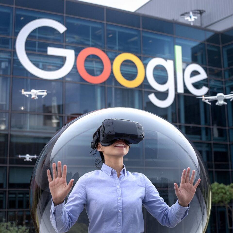 Eine Person mit VR-Headset steht in einer transparenten Kugel vor einem Google-Gebäude, begleitet von kleinen Drohnen – ein automatisch gespeicherter Entwurf wird zum Leben erweckt.