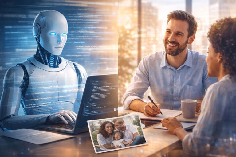 Ein humanoider Roboter sitzt an einem Schreibtisch mit einem Laptop gegenüber von einem lächelnden Mann und einer lächelnden Frau, die Dokumente besprechen. In diesem KI-Zeitalter entsteht Content-Marketing mit authentischen Inhalten. Ein Familienfoto liegt auf dem Tisch.