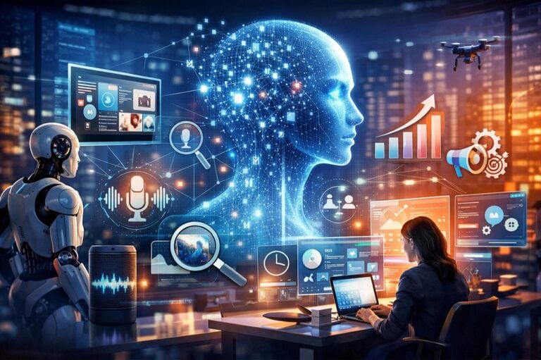 Ein Vermarkter an einem Computer und ein Roboter beobachten digitale Bildschirme, auf denen KI-Trends, Datendiagramme und ein großer virtueller menschlicher Kopf angezeigt werden, mit einer Stadtlandschaft im Hintergrund.