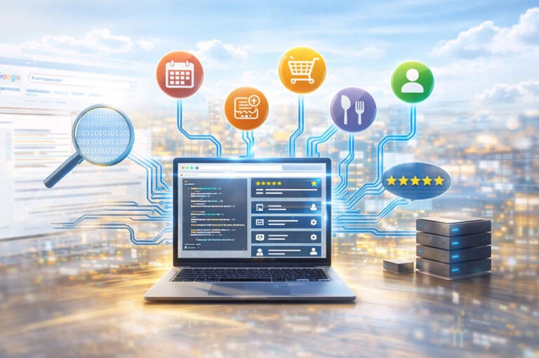 Ein Laptop, auf dem Code angezeigt wird, ist umgeben von Icons für Suche, Kalender, Einkaufen, Benutzer, Essen und Bewertungen - wobei strukturierte Daten und KI-Suche hervorgehoben werden - mit Datenservern im Hintergrund über einer Stadtlandschaft, um die digitale Sichtbarkeit zu erhöhen.