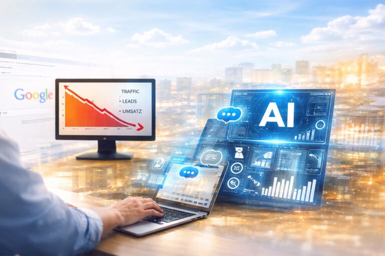 Eine Person benutzt einen Laptop mit KI-Grafiken, während auf einem Monitor eine abwärts gerichtete Grafik mit der Aufschrift "Traffic, Leads, Umsatz" - die datengetriebenes Marketing hervorhebt - vor einer Stadtkulisse zu sehen ist.