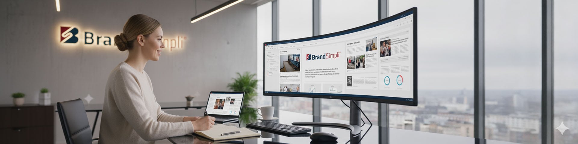 Eine Frau sitzt an einem Schreibtisch in einem modernen Büro mit großen Fenstern und arbeitet an einem gebogenen Monitor und einem Laptop, auf dem Branding-Materialien und native Anzeigen angezeigt werden.