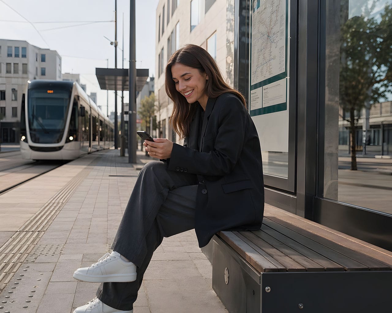 Junge Frau sitzt an einer Bushaltestelle, nutzt Smartphone, Stadtverkehr, moderne Mobilität.