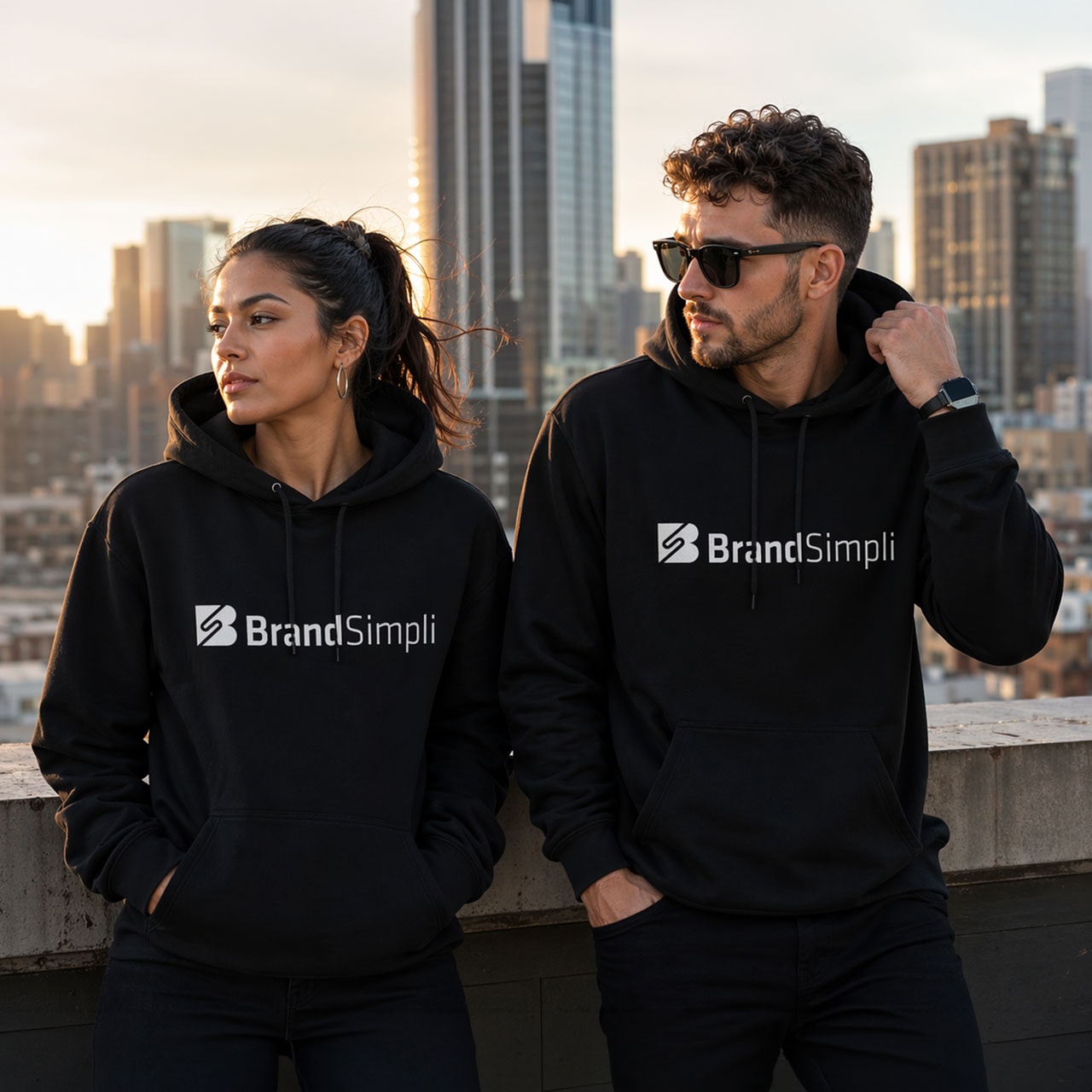 Zwei junge Menschen tragen schwarze Hoodies mit BrandSimpli-Logo vor Skyline-Hintergrund.