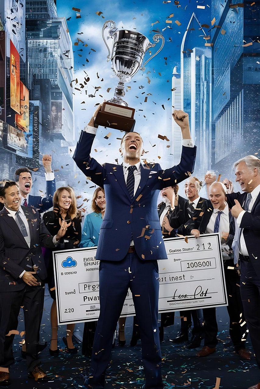 Ein Mann im Anzug hält eine Trophäe über seinem Kopf, während er von jubelnden Menschen, herabfallendem Konfetti und einem großen Scheck umgeben ist; im Hintergrund sind städtische Wolkenkratzer und Banner der Native Ads zu sehen.