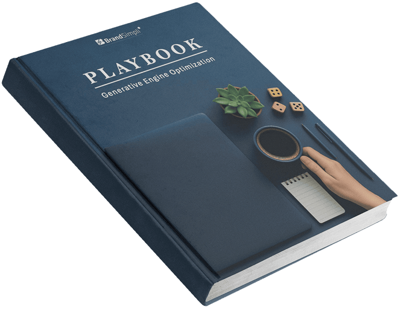 Ein gebundenes Buch mit dem Titel "Playbook: Generative Engine Optimization (GEO)" liegt auf einem Schreibtisch mit einem Notizbuch, einem Stift, einer Kaffeetasse, einer Pflanze und einem Würfel.