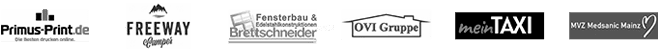 Eine Reihe von sechs schwarz-weißen Geschäftslogos, darunter Firmen-Print.de, FREEWAY Gipfel, Brettschneider, IOVI Gruppe, Mein TAXI und NK Maklercenter - perfekt für jedes Corporate Branding oder jede Analysepräsentation.