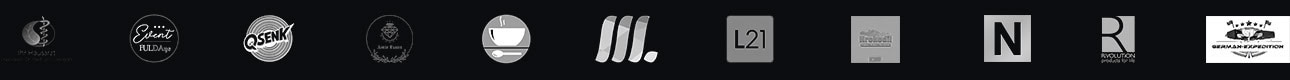Eine Reihe verschiedener Markenlogos in Graustufen, einschließlich Text und abstrakten Symbolen.