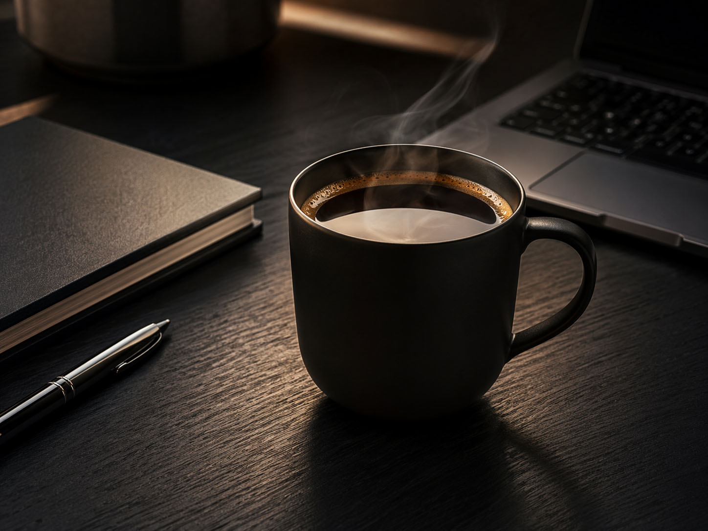 Ein dampfender schwarzer Kaffee in einer dunklen Tasse steht auf dem Schreibtisch neben einem geschlossenen Notizbuch, einem Stift und einem Laptop - bereit, Unerwünschte Einträge während Ihres geschäftigen Arbeitstages in Angriff zu nehmen.