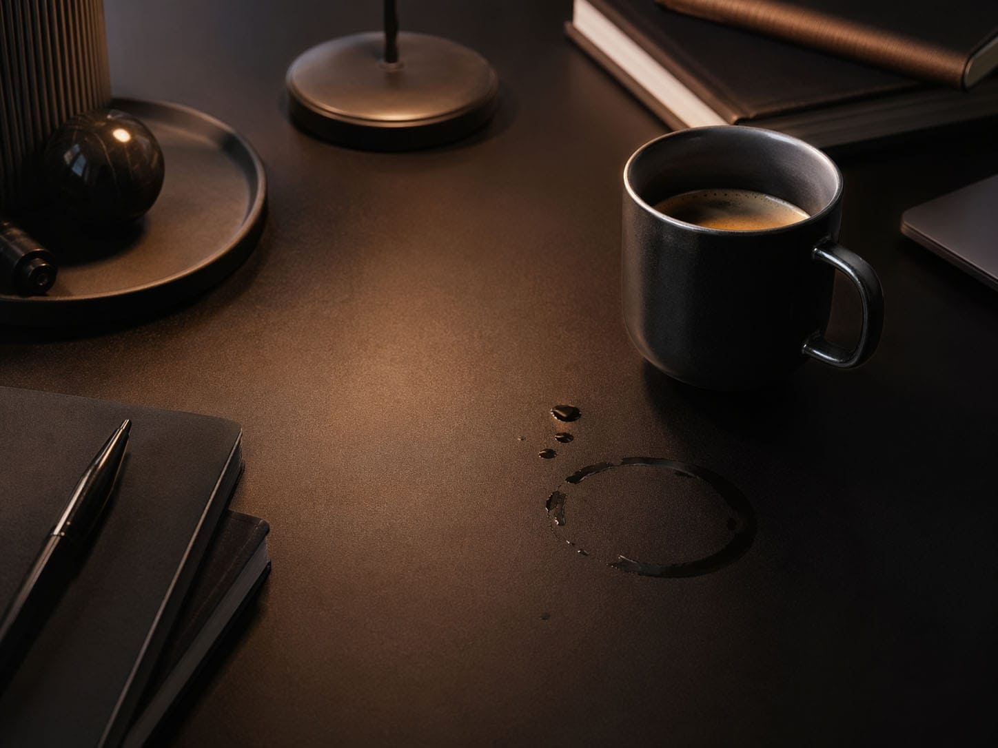 Moderner Arbeitsbereich mit Kaffeetasse, Notizbüchern und Schreibutensilien.