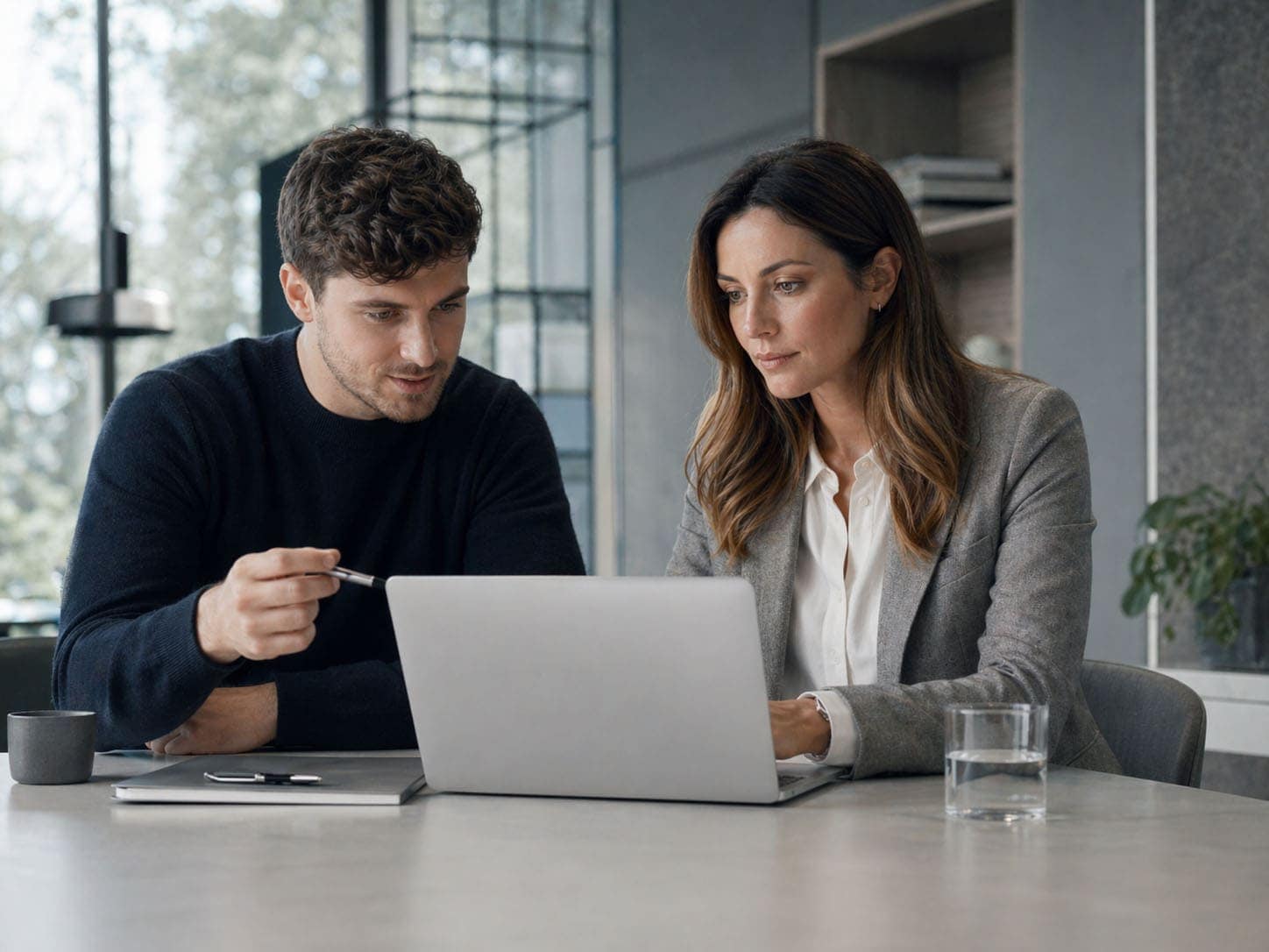 Zwei Geschäftsleute bei einem Meeting mit Laptop im modernen Büro.