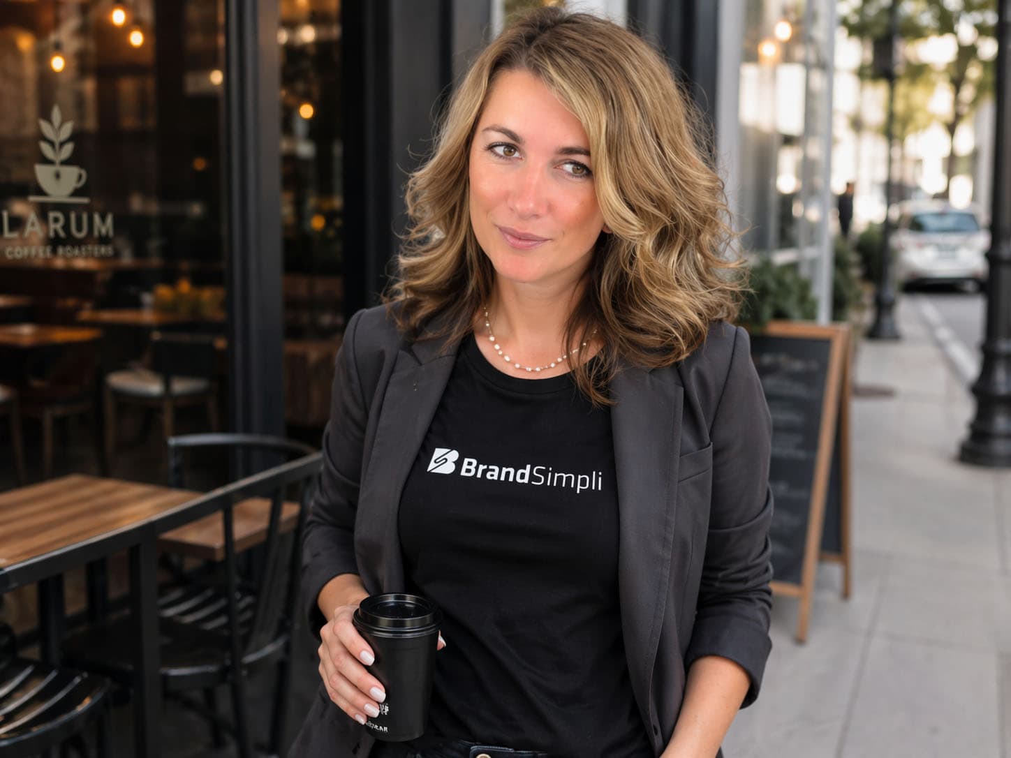 Eine Frau mit einer Kaffeetasse steht vor einem Café und trägt einen schwarzen Blazer und ein "BrandSimpli"-T-Shirt. Im Hintergrund sind Tische, Stühle und ein Kreideschild mit der Aufschrift Unerwünschte Einträge zu sehen.