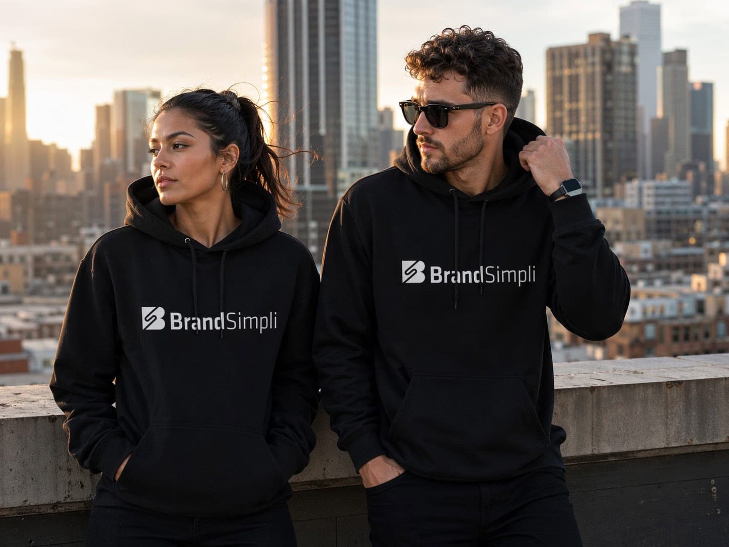 Zwei Modelle tragen schwarze BrandSimpli Hoodies auf einer Dachterrasse in der Stadt bei Sonnenunter.