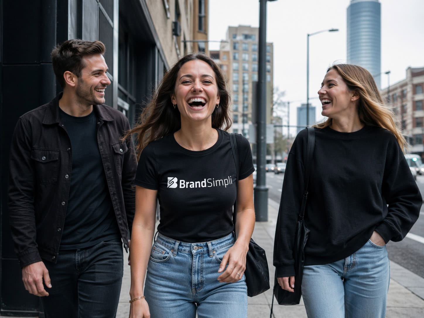 Drei Personen gehen lächelnd und lachend zusammen auf einem Bürgersteig in der Stadt. Die Frau in der Mitte trägt ein "BrandSimpl"-T-Shirt, das für die Digitale Unternehmensberatung steht.