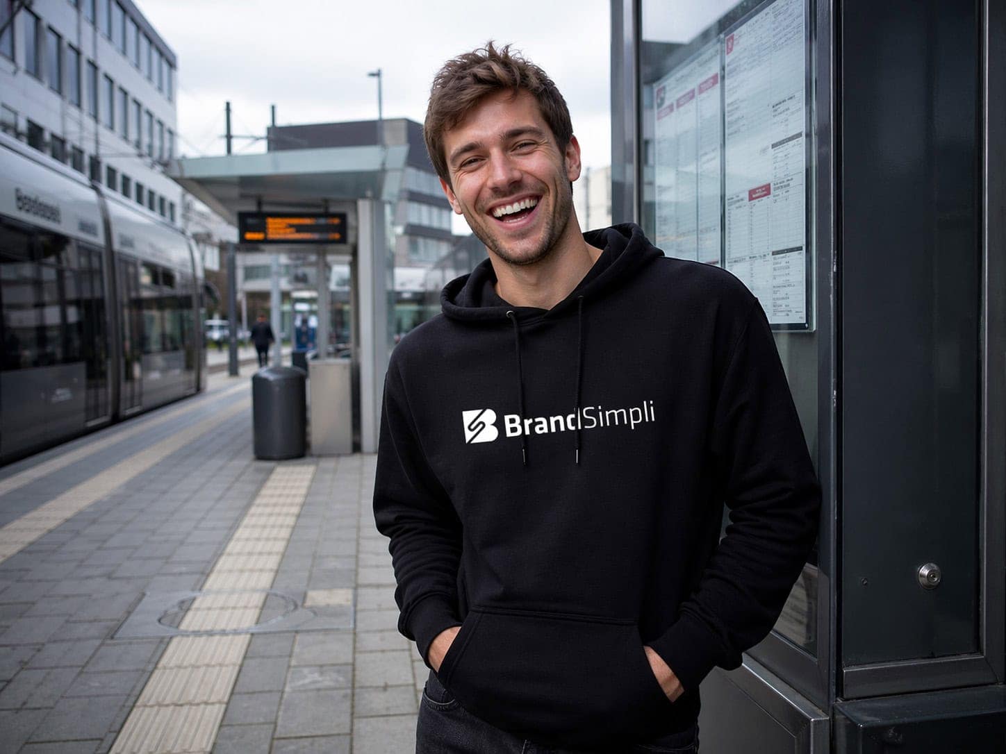 Freundlicher junger Mann trägt BrandSimpli Hoodie vor Busstation, lächelt in der Stadt.