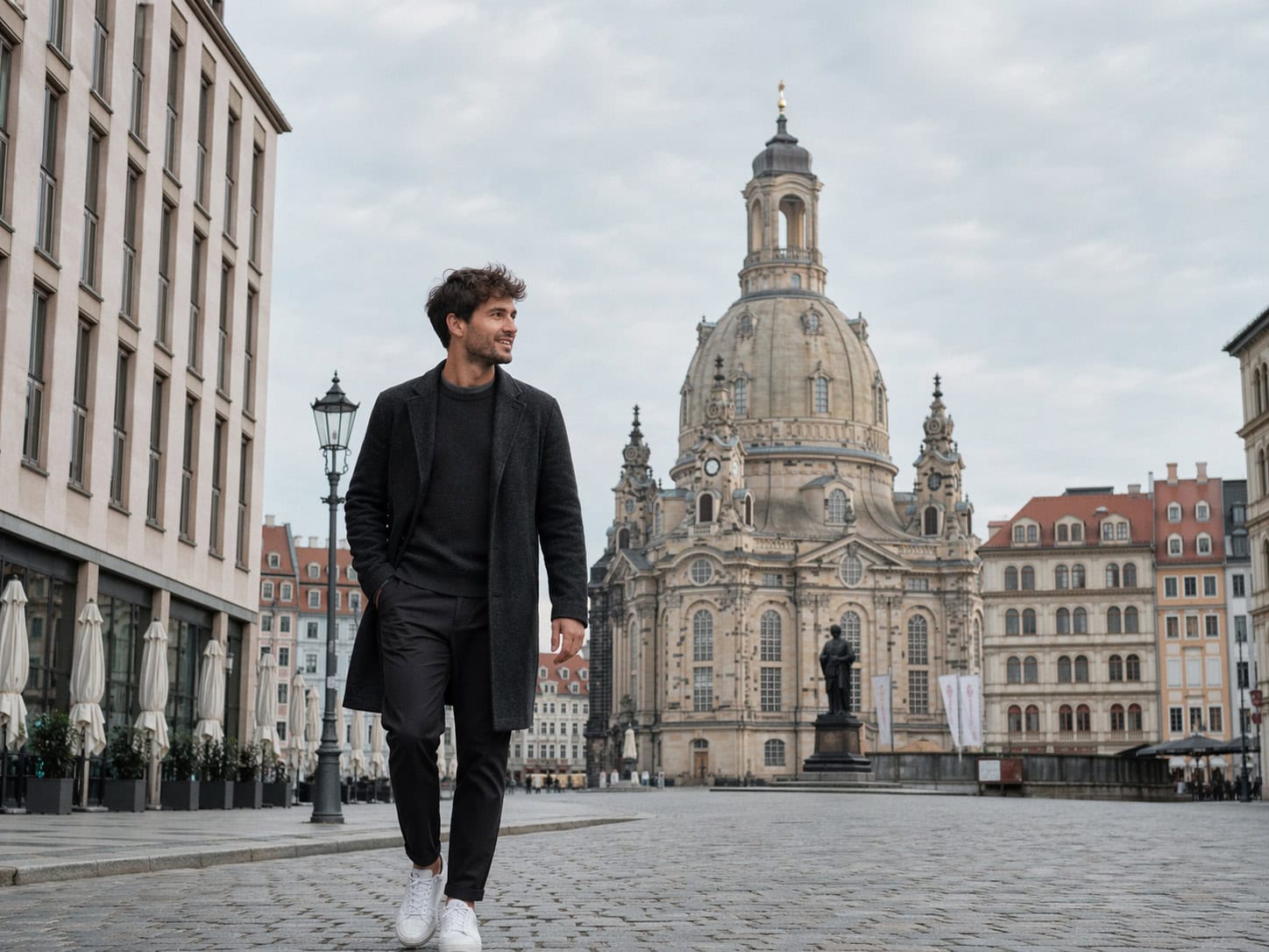 Ein Mann spaziert auf einer Kopfsteinpflasterstraße vor der Frauenkirche in Dresden, Deutschland, umgeben von historischen Gebäuden - eine Szene, die das reiche Erbe und das strategische ORM der Stadt widerspiegelt.