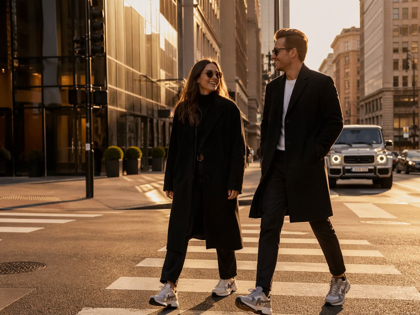 Zwei Personen in dunklen Mänteln und mit Sonnenbrillen gehen bei Sonnenuntergang über einen Zebrastreifen in der Stadt und verbinden dabei Stil mit urbaner Modernität - ein Bild, das sich perfekt für Kampagnen eignet, die sich auf das zeitgenössische Leben oder Strategien zur Suchmaschinenoptimierung konzentrieren.