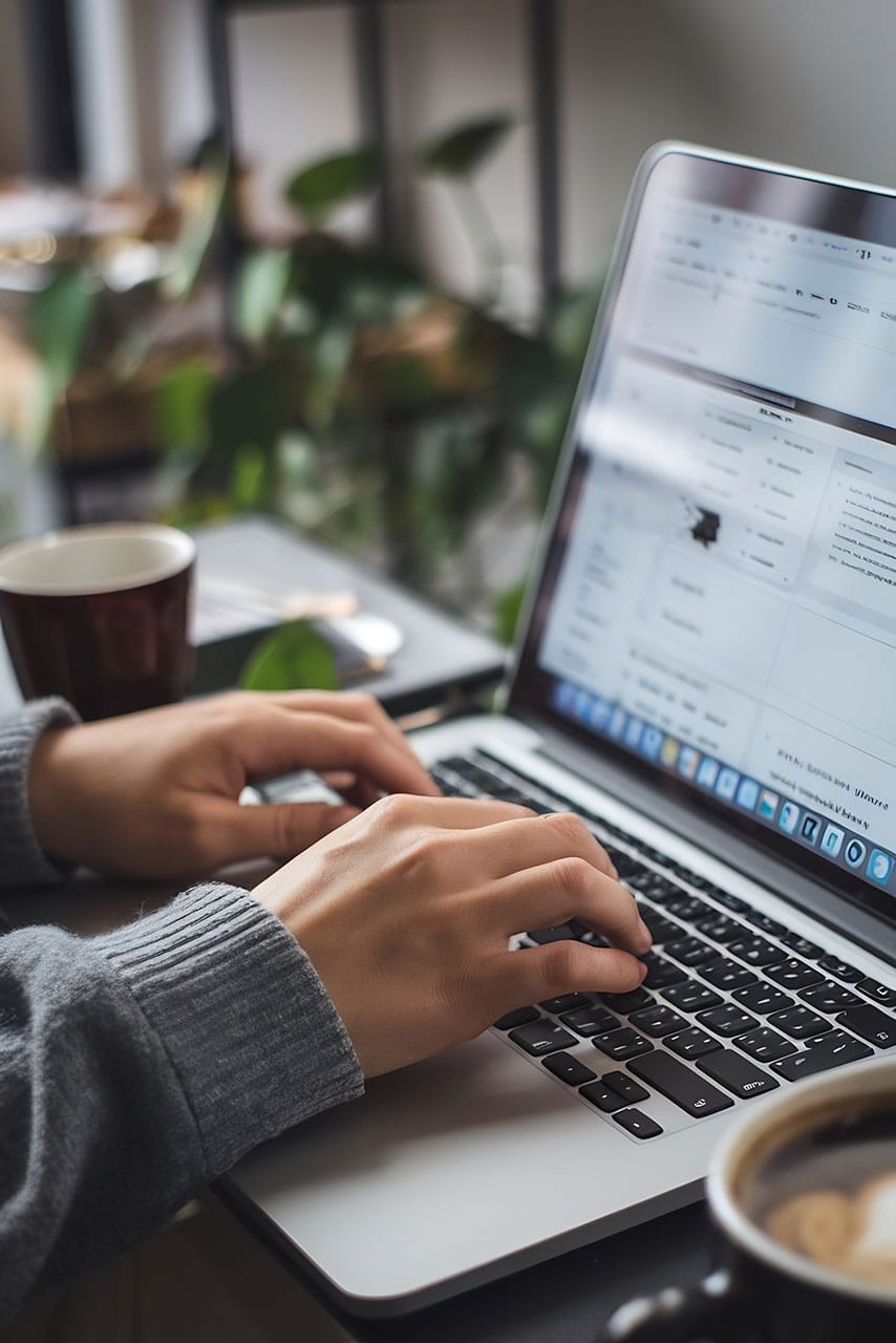 Eine Person, die an einem Schreibtisch mit Kaffeebecher, Notizbuch und Pflanzen im Hintergrund auf einem Laptop tippt und ansprechende Native Ads-Inhalte erstellt.
