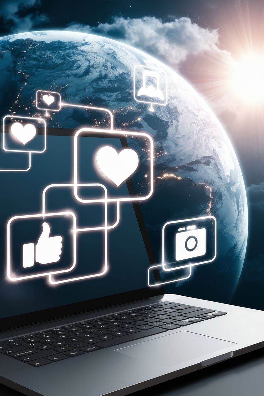 Geöffneter Laptop mit digitalen Social-Media-Symbolen, darunter ein Herz, eine Kamera und ein Daumen nach oben, sowie darüber schwebende Native-Ads-Symbole, wobei im Hintergrund die Erde und die Sonne zu sehen sind.