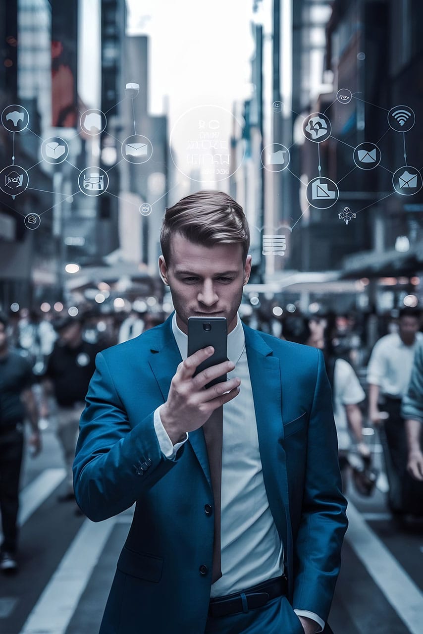 Ein Mann im blauen Anzug geht auf einer belebten Straße in der Stadt spazieren und schaut auf sein Smartphone, während über seinem Kopf digitale Symbole für Technologie, Kommunikation und Native Ads erscheinen.
