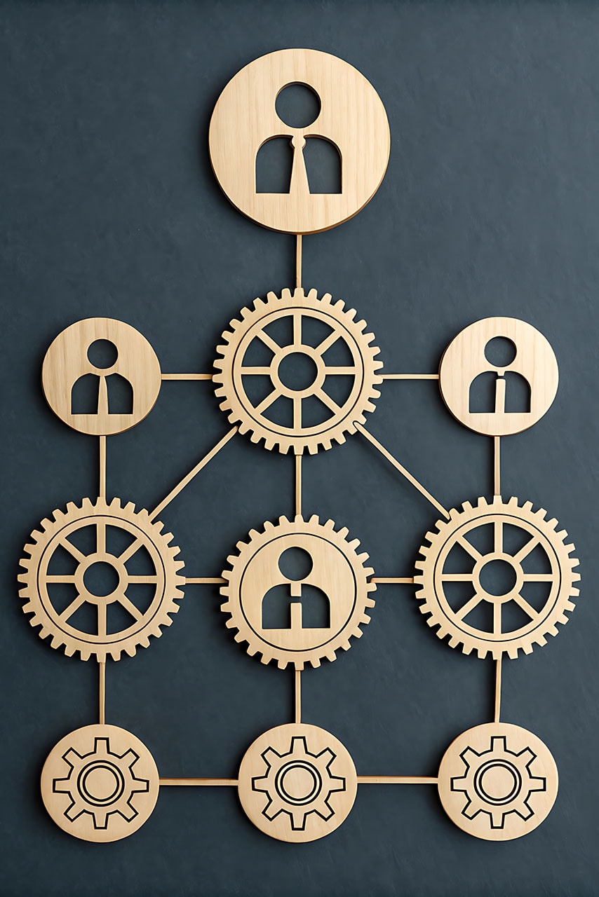 Hölzerne Icons von Menschen und Zahnrädern sind in einer hierarchischen Struktur angeordnet und veranschaulichen organisatorische Teamarbeit, Arbeitsabläufe und die strategische Integration von Native Ads auf einem dunklen Hintergrund.