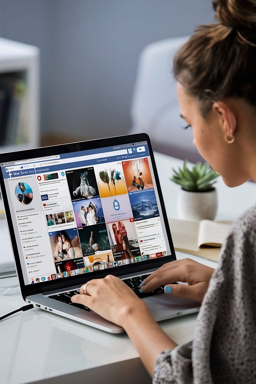 Eine Frau sitzt an einem Schreibtisch mit einem Laptop und surft auf einer auf Fotos ausgerichteten Social-Media-Website, auf der mehrere Bildminiaturen und native Anzeigen nahtlos in den Bildschirm integriert sind.