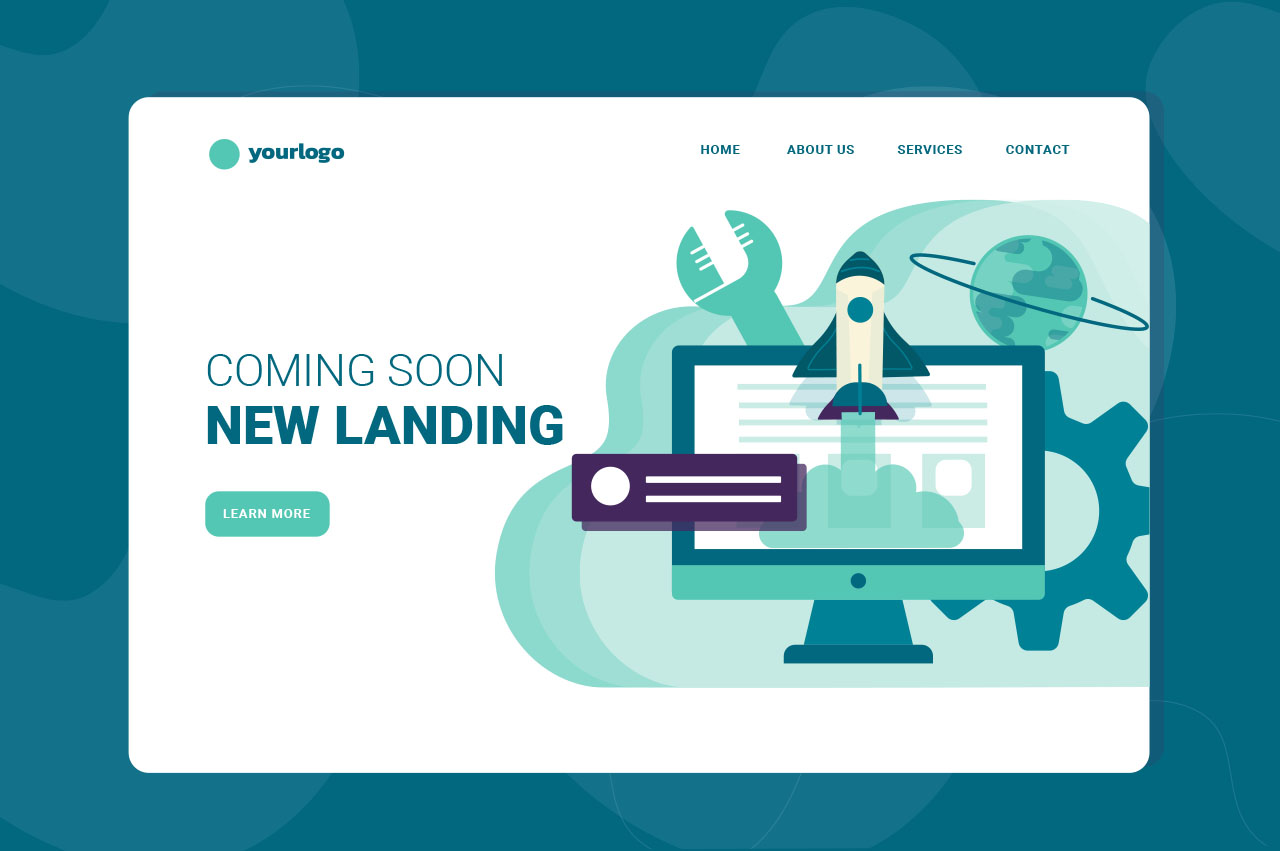Illustration einer Website-Relaunch-Landing-Page mit "Coming Soon New Landing", einer Rakete, die von einem Computerbildschirm startet, und Symbolen für Tools, Erde und eine Update-Benachrichtigung - perfekt für Selbstständige, die sich auf ihren nächsten großen Launch vorbereiten.